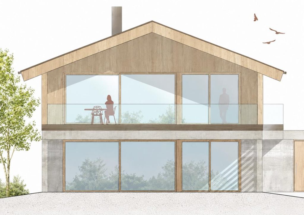 K1024_Moderne Holz-Glas-Hausfassade in Aquarell